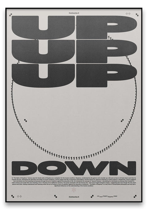 Ein schwarz-weißes 75 UP DOWN-Poster auf cremefarbenem Papier, gedruckt von Timon Tresch.