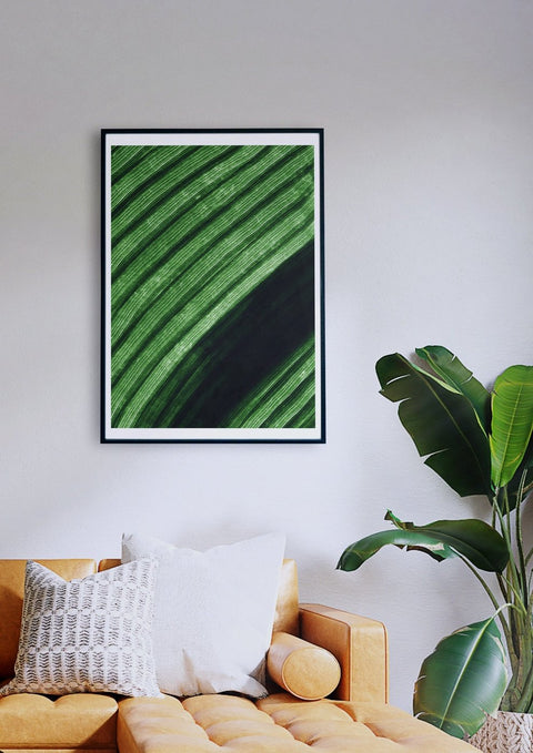 Ein grünes Blatt gerahmt über einer Couch in einem Wohnzimmer.