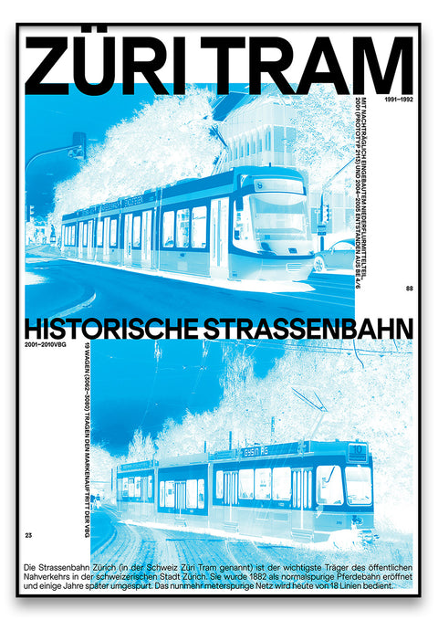 Ein Foto einer Züri-Straßenbahn mit blauem Hintergrund.