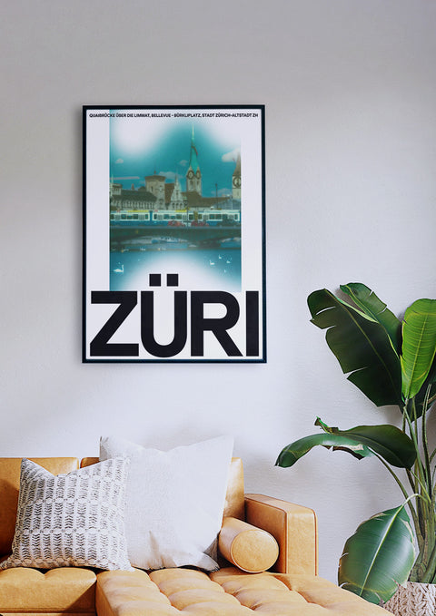 Ein Züri Limmatblick in einem Wohnzimmer mit Typografie der Zürcher Altstadt.