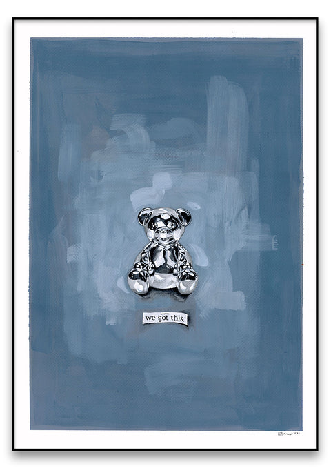 Eine Malerei von einem Chrome Teddy auf einem blauen Hintergrund.