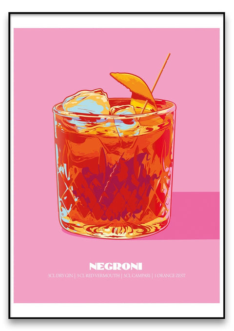Ein Negroni-Poster mit dem Bild eines Negroni-Cocktails auf rosa Hintergrund, gestaltet mit ausgeprägter Typografie.