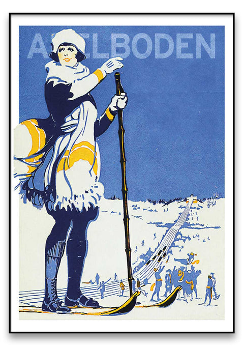 Ein Adelboden mit einer Frau auf Skiern, die einen Stock hält.