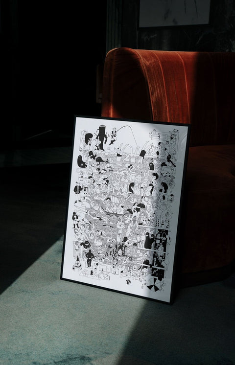 Ein Schwimmbad von NaKo, eine Schwarz-Weiß-Zeichnung auf einem Tisch vor einer Couch, geschaffen von talentierten Künstlern und produziert von hochwertigen Druckern für Kunstliebhaber.