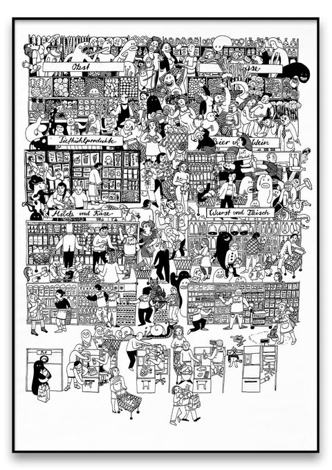 Eine Schwarz-Weiß-Zeichnung einer Menschenmenge, perfekt für Künstler und Posterdrucke von NaKo Supermarkt.
