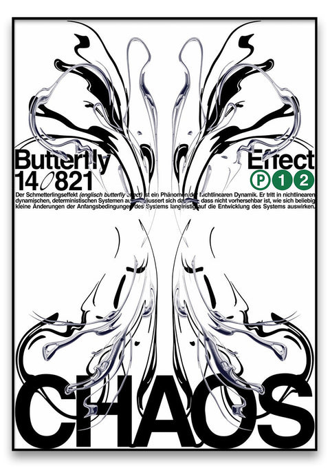 Ein schwarz-weißes CHAOS 2 von Alessio Borando Poster mit dem Wort „Chaos“ und einem abstrakten Design darauf.