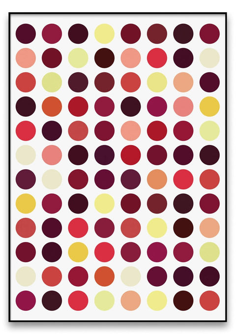 Ein rotes, oranges und gelbes Polka-Dot-Muster mit Kreisen auf einem weißen Hintergrund.