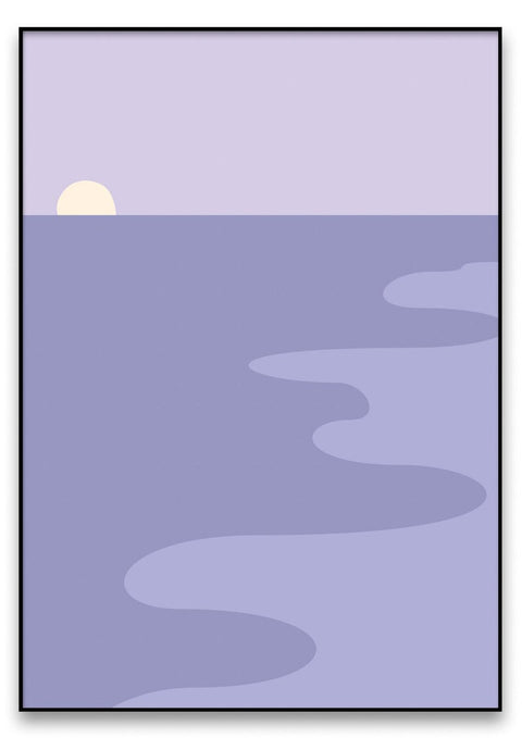 Eine Illustration eines Strandes mit Wellen und einem Sonnenuntergang, mit einem Sonnenaufgang.
