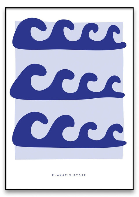 Ein blauer Grafikdesign-Druck mit Wellen auf weißem Hintergrund.