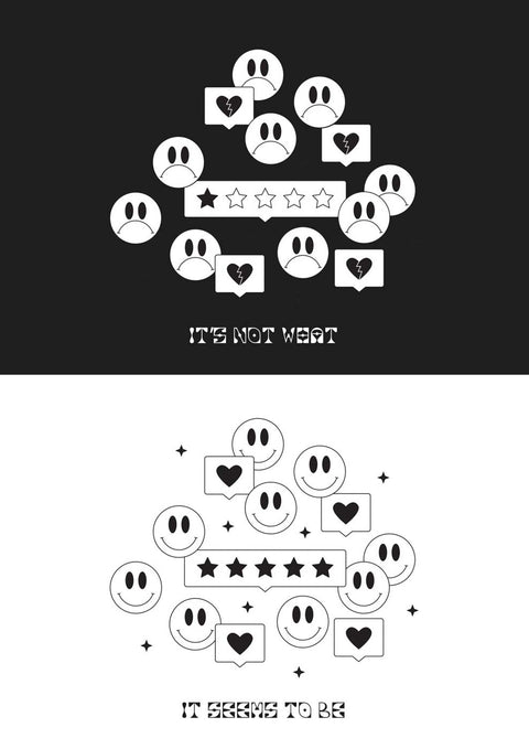 Eine schwarz-weiße typografische Illustration eines Smiley-Gesichts und eines Herzplakats.