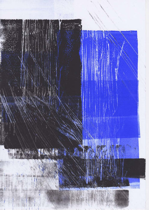 Eine Abstraktion mit Blautönen und schwarzen Linien.