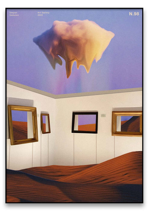 Eine Malerei eines Wolkengebildes in einem Raum mit gerahmten Bildern, verliehen mit einer surrealen Wendung. --> Ein Art Gallery eines Wolkengebildes in einem Raum mit gerahmten Bildern, verliehen mit einer surrealen Wendung.