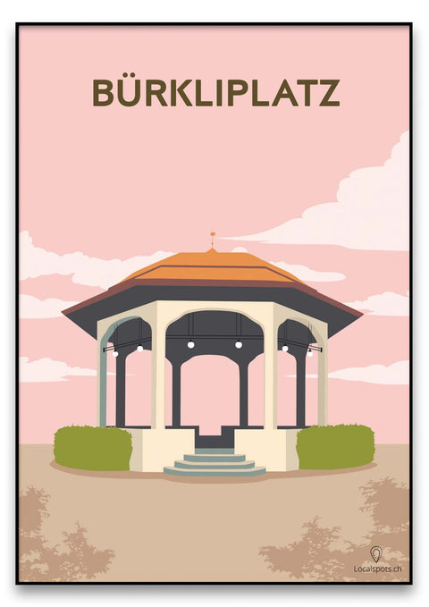 Ein Poster eines Pavillons mit lokalen kunstschaffenden Künstlern und dem Wort Bürkliplatz darauf, verkauft von qualitätsdruckereien.