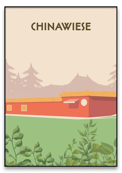 Ein Poster mit der Aufschrift „Chinawiese“ und einem atemberaubenden Landschaftsdesign darauf.