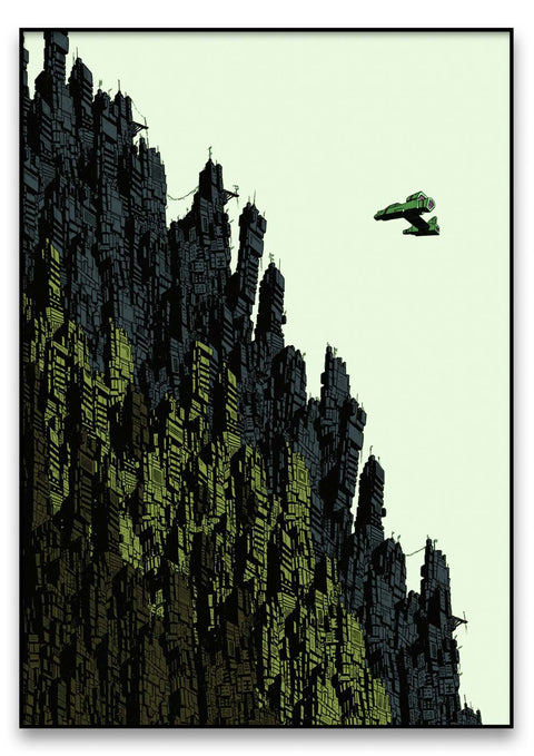 Eine grüne Stadtlandschaft, die in einer futuristischen Szene über eine felsige Klippe fliegt.