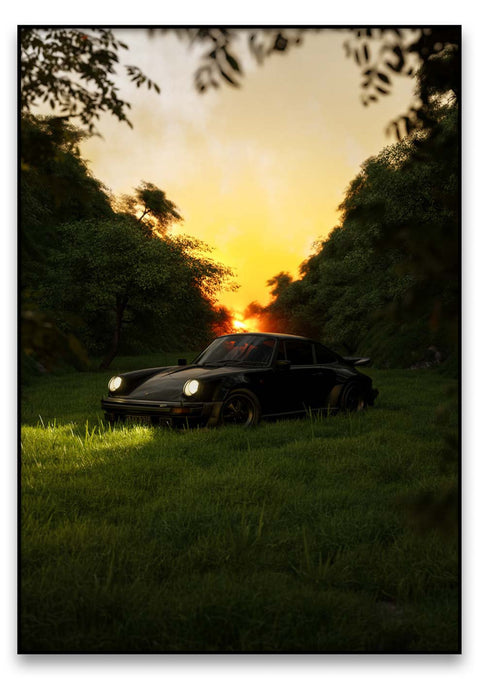 Ein schwarzer Escape Sportwagen, der in einem grasigen Feld beim Sitzt.