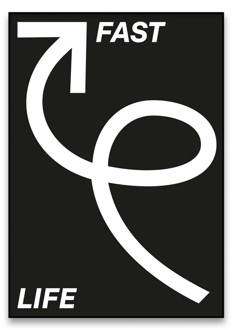 Das minimalistische Design des Fast Life-Logos auf einem schwarzen Hintergrund.