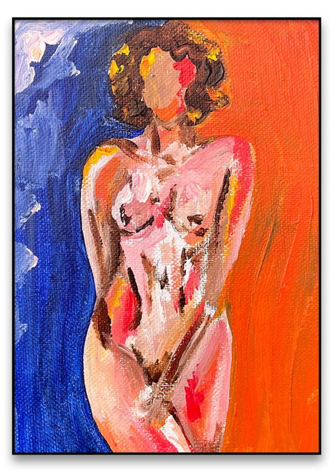 Eine farbenfrohe Malerei eines Porträts einer nackten Frau in Orange und Blau, Femme (nur 30x40 cm).