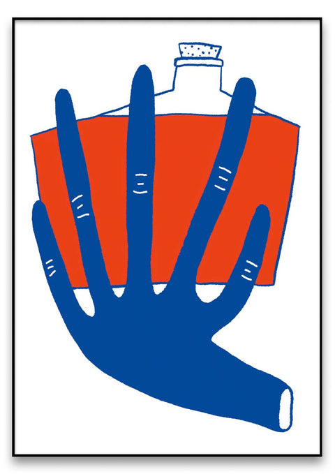 Eine Grafik einer blauen und orangefarbenen Hand, die eine Flasche hält.