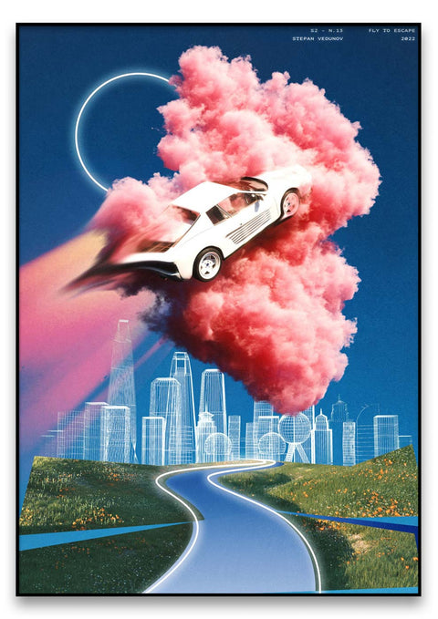 Ein Fly to Escape mit einem rosa Auto, das im retro-futuristischen Stil über eine Stadt fliegt.