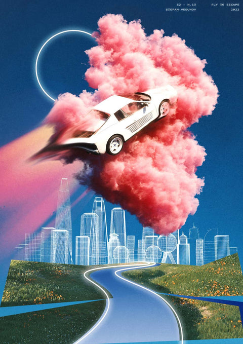 Ein Bild einer rosa Fly to Escape, die im Retro-Futurismus-Stil über eine Stadt fliegt.