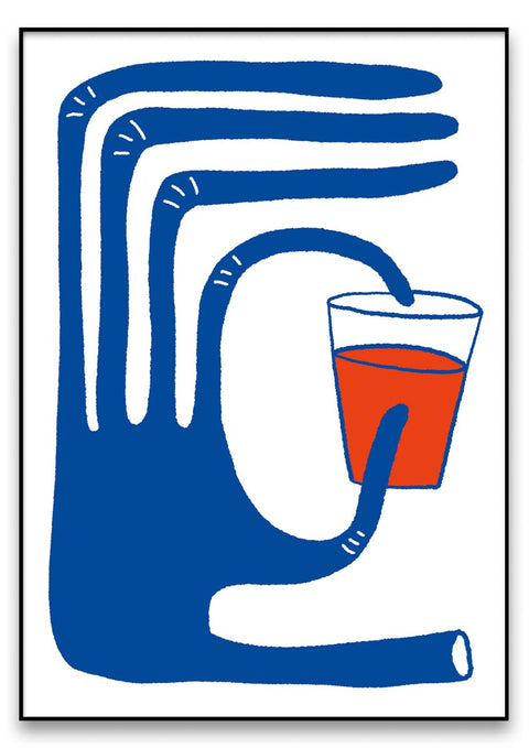 Eine Illustration einer Hand, die ein Glas Flüssigkeit hält, mit grafischen Designelementen.