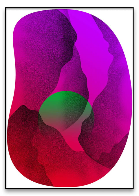 Ein abstraktes Bild eines Grotte-Kreises in Rot, Grün und Violett.