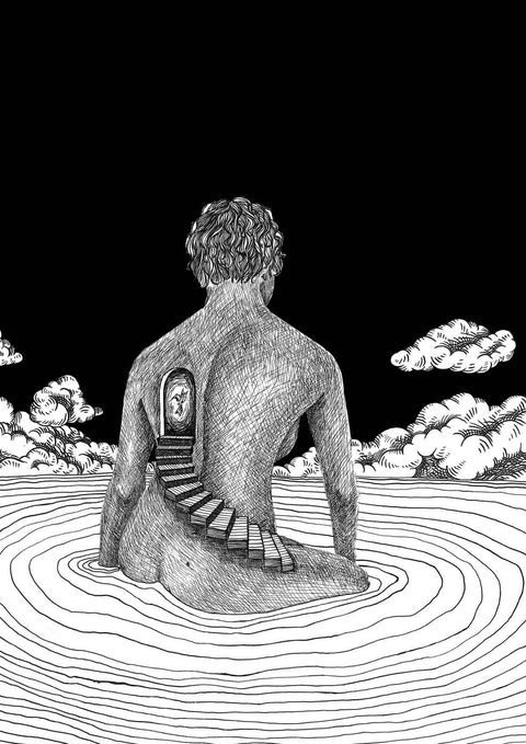 Eine Schwarz-Weiß-Illustration einer Frau, die in einem surrealen Herzgefühl im Wasser sitzt.