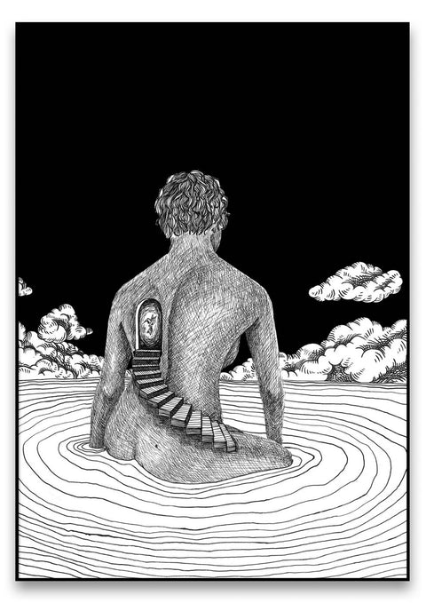 Eine Schwarz-Weiß-Illustration einer Frau, die im Wasser sitzt, Heartfelt.