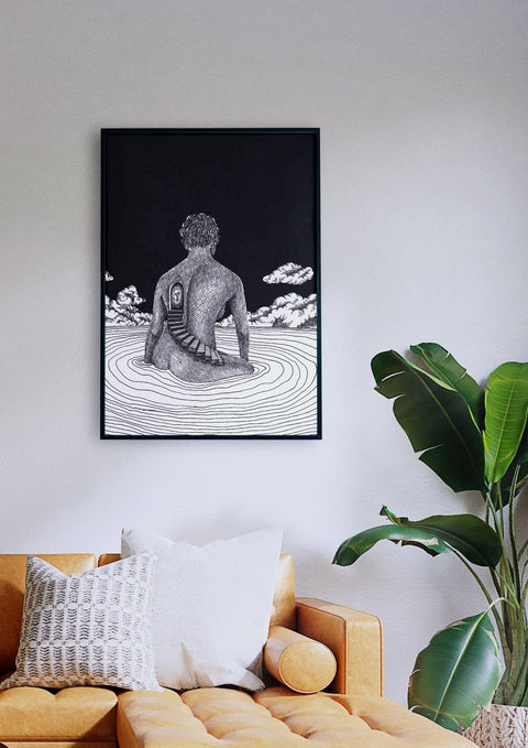 Eine herzliche Illustration einer Frau im Wasser über einer Couch.