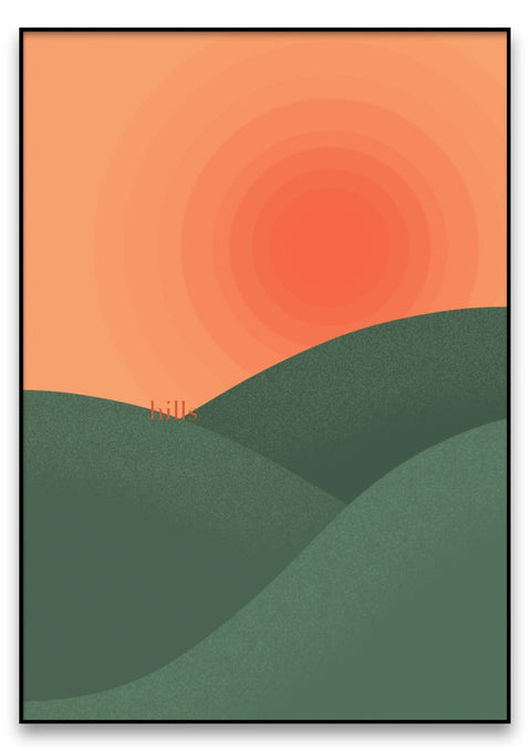 Eine Illustration eines Hügels mit einem Sonnenuntergang im Hintergrund.