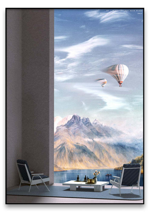 Eine Wandmalerei eines Raumes mit Blick auf eine Berglandschaft und Hot Wind Blows.