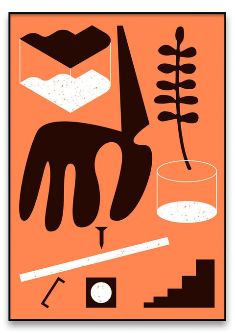 Ein Poster mit verschiedenen Objekten in minimalistischem Stil auf einem orangen Hintergrund. Abbildung Wohnwerk 1.