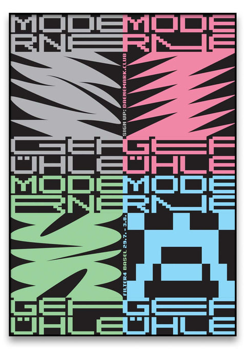Ein Satz von vier Aufklebern „Moderne Gefühle“ mit der Aufschrift „Mode Mode“ in Blockbuchstaben darauf.