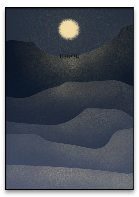 Eine schwarz-weiße Malerei & Illustration eines Mondes über einer abstrahierten Hügellandschaft.