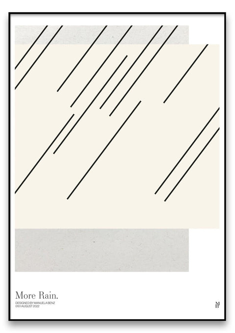 Ein schwarz-weißes Poster mit Linien darauf, das das „More Rain“-Design zeigt.