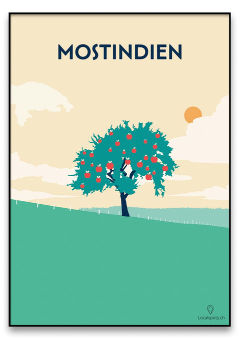 Ein Poster eines Obstbaums auf einem Feld mit dem Wort Mostindien darauf.