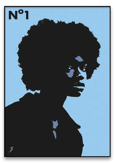Eine Nummer Eins mit der Silhouette einer schwarzen Frau mit Afro in einem auffälligen Grafikdesign.
