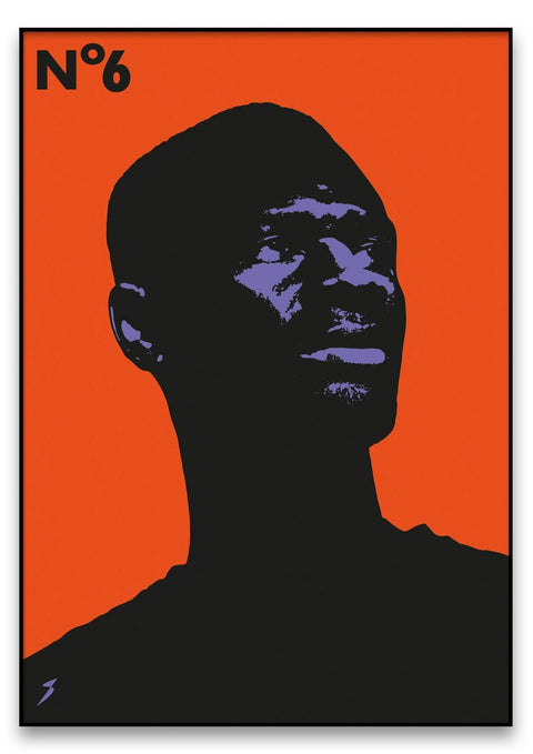 Ein Poster mit einem Silhouettenporträt eines Mannes auf einem orangefarbenen Hintergrund von Number Six.