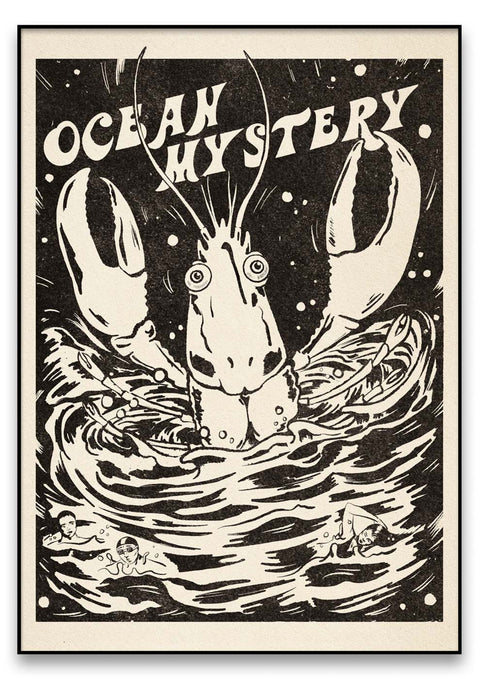 Eine schwarz-weiße, humorvolle Illustration eines Hummers mit den Worten OceanMystery.