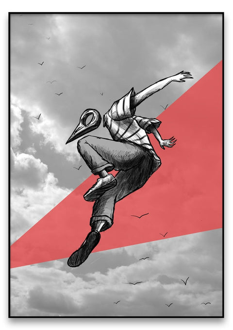 Eine surreale Schwarz-Weiß-Zeichnung einer in der Luft spielenden Person.