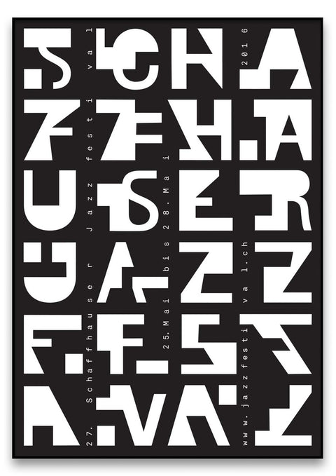 Ein schwarz-weißes Schaffhauser Jazz-Design mit vielen verschiedenen Buchstabenarten.