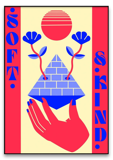 Ein weiches Kind mit einer Hand, die eine Blume hält, und einer Pyramide umgeben von geometrischen Elementen.