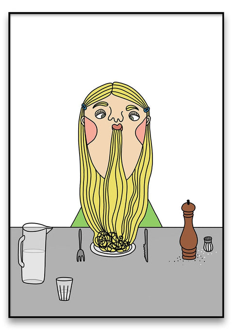 Eine Illustration eines Mädchens mit langen blonden Spaghetti-Haaren, das Spaghetti isst.