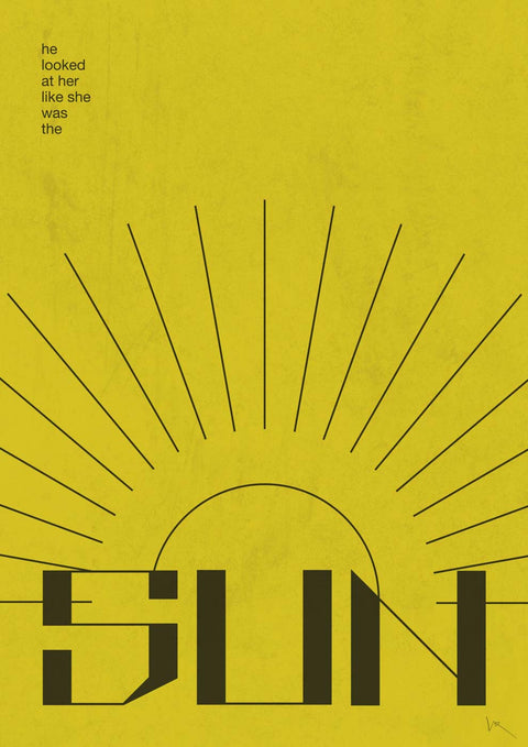 Ein gelbes Poster mit dem Wort „Sun“ in einzigartiger Typografie darauf.