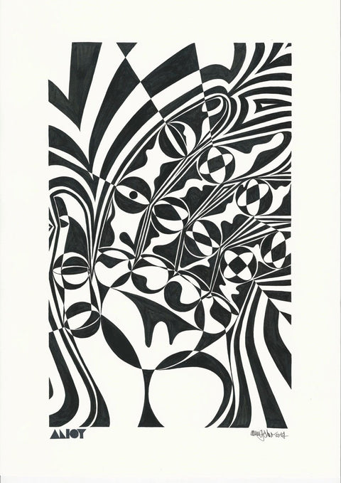 Eine Schwarz-Weiß-Zeichnung eines Kunstwerks mit einem optischen Täuschungseffekt.