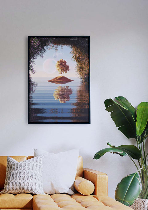 Ein Wohnzimmer mit einem Sofa von Tree Island und einer 3D-Darstellung eines Gemäldes an der Wand.