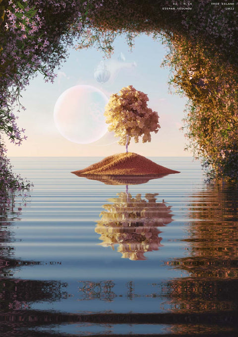 Eine 3D-Darstellung einer Bauminsel auf einer kleinen Insel in einem Gewässer.