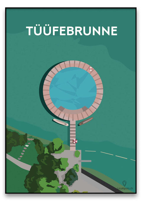 Ein Plakat mit dem Wort Tüüfebrunne, das Grafikdesign präsentiert.