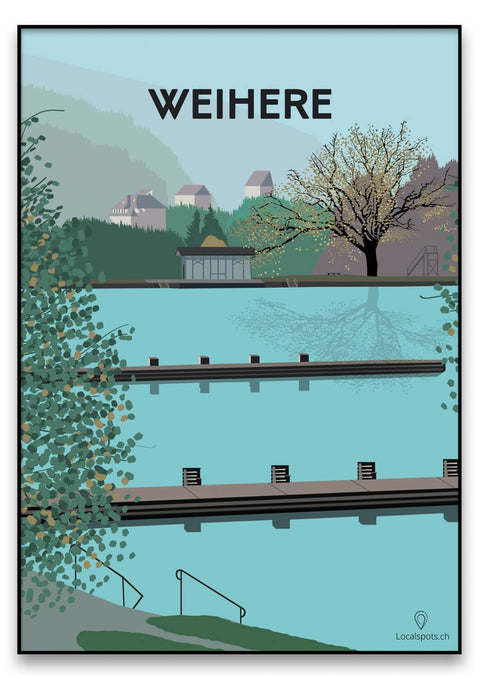 Ein Poster mit dem Wort Weihere darauf, das eine ruhige Teichszenerie darstellt.